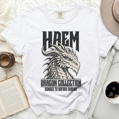 White t-shirt with a black dragon design and text "HAEM DRAGON COLLECTION".