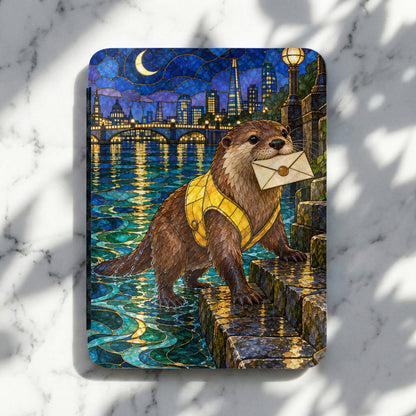 Stained glass art of an otter in a yellow vest holding a letter, with a London skyline at night.