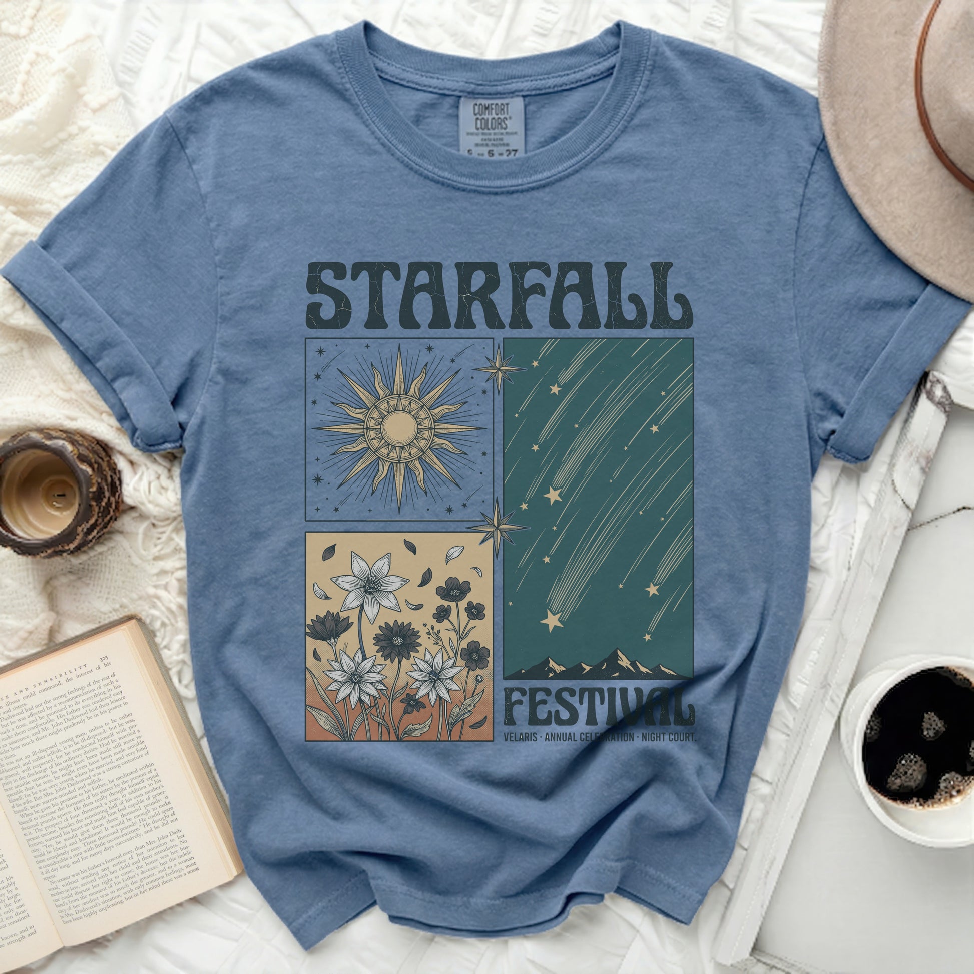 Blue t-shirt with "STARFALL FESTIVAL" and celestial graphics.