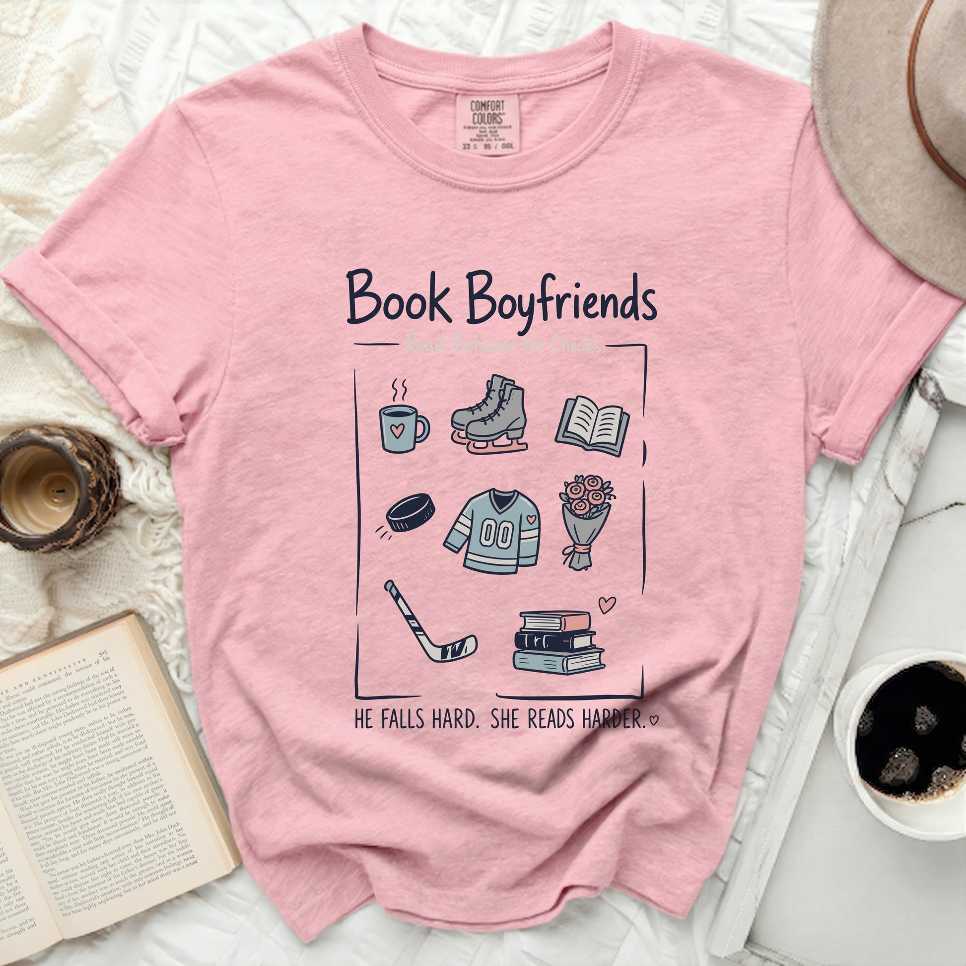 Pink t-shirt with "Book Boyfriends" and reading illustrations.