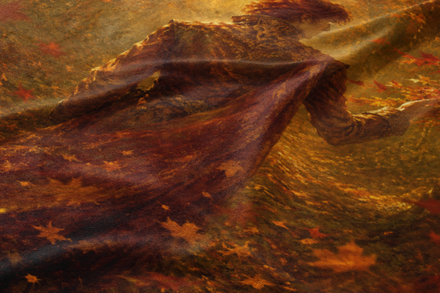 A person in a long coat walks through a forest of autumn leaves.