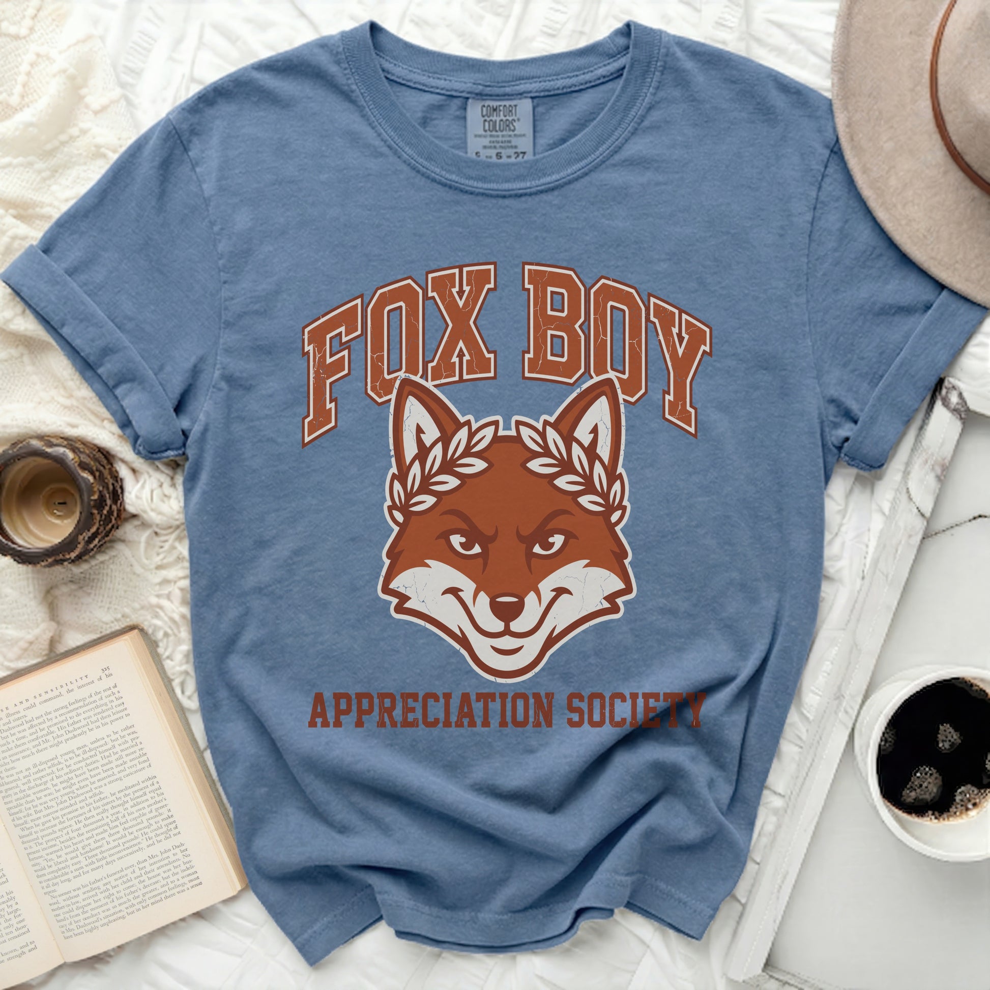 Blue t-shirt with "Fox Boy Appreciation Society" and a fox graphic.