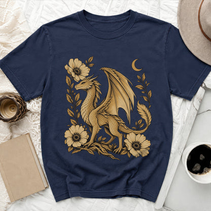 Dark blue t-shirt with gold dragon and floral design and a crescent moon.