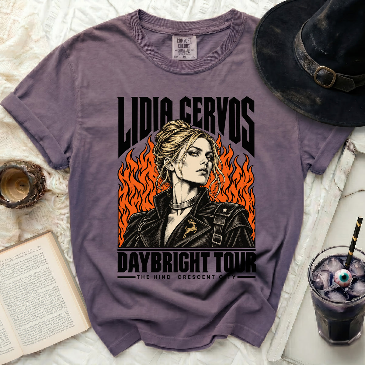 Purple Comfort Colors t-shirt with Lidia Cervos Daybright Tour graphic.