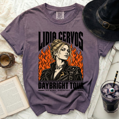 Purple Comfort Colors t-shirt with Lidia Cervos Daybright Tour graphic.