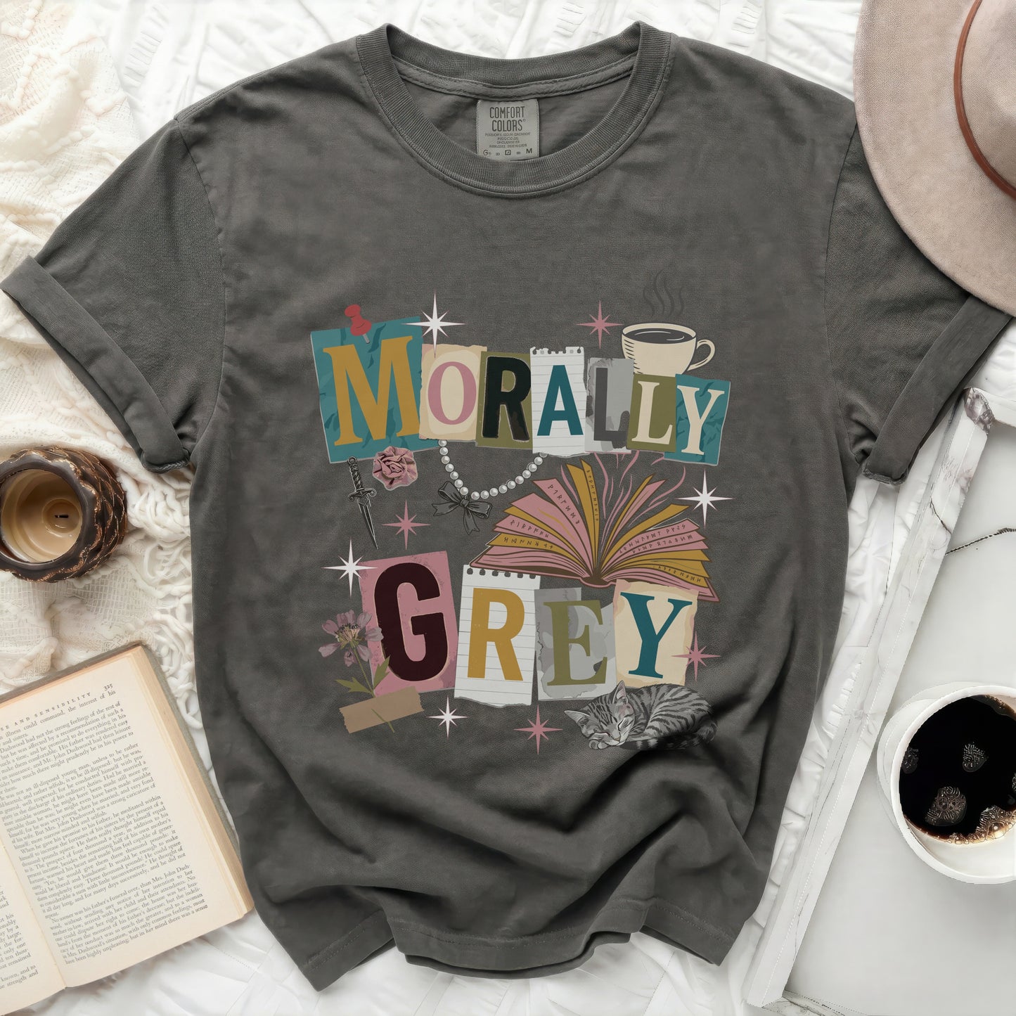 Comfort Colors t-shirt with "Morally Grey" collage graphic and kitten.