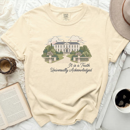 Cream t-shirt with illustration of Federal-style house and text "It is a Truth Universally Acknowledged."