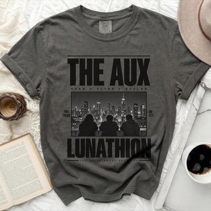 Dark grey t-shirt with "THE AUX LUNATHION" and band names.