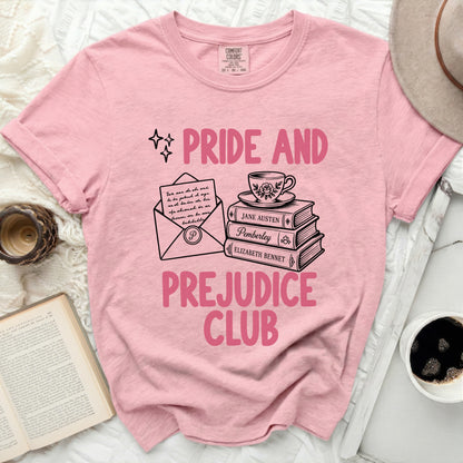 Pink t-shirt with "Pride and Prejudice Club" text and literary illustrations.
