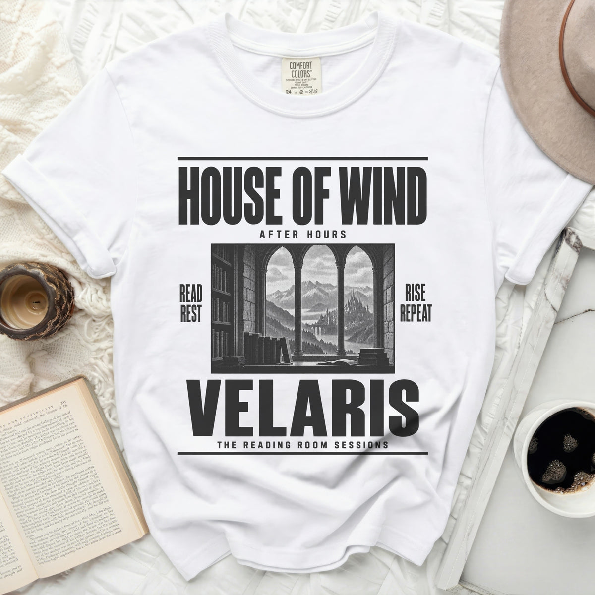 White t-shirt with "House of Wind After Hours" and "Velaris The Reading Room Sessions" text.