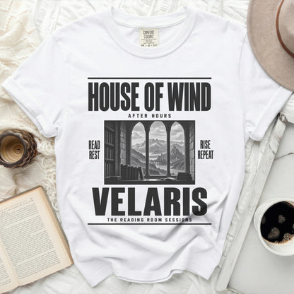 White t-shirt with "House of Wind After Hours" and "Velaris The Reading Room Sessions" text.
