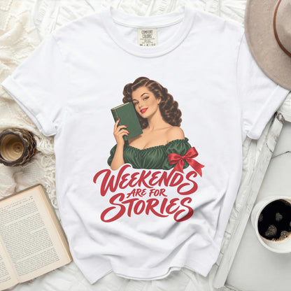 White t-shirt with vintage pin-up girl and "Weekends Are For Stories" text.