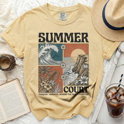 Yellow t-shirt with "Summer Court" and ocean scene graphic.