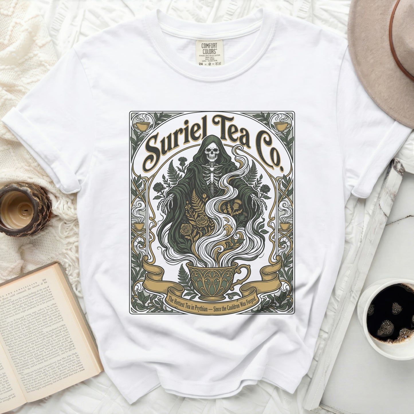 White t-shirt with a grim reaper and tea cup graphic.
