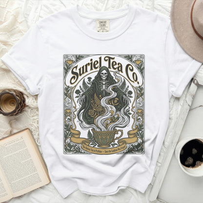 White t-shirt with a grim reaper and tea cup graphic.