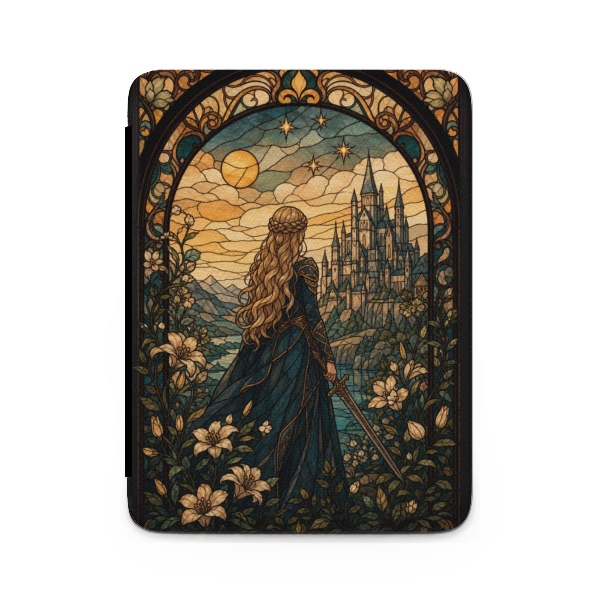 Woman with sword facing a castle, in stained glass style with floral border.
