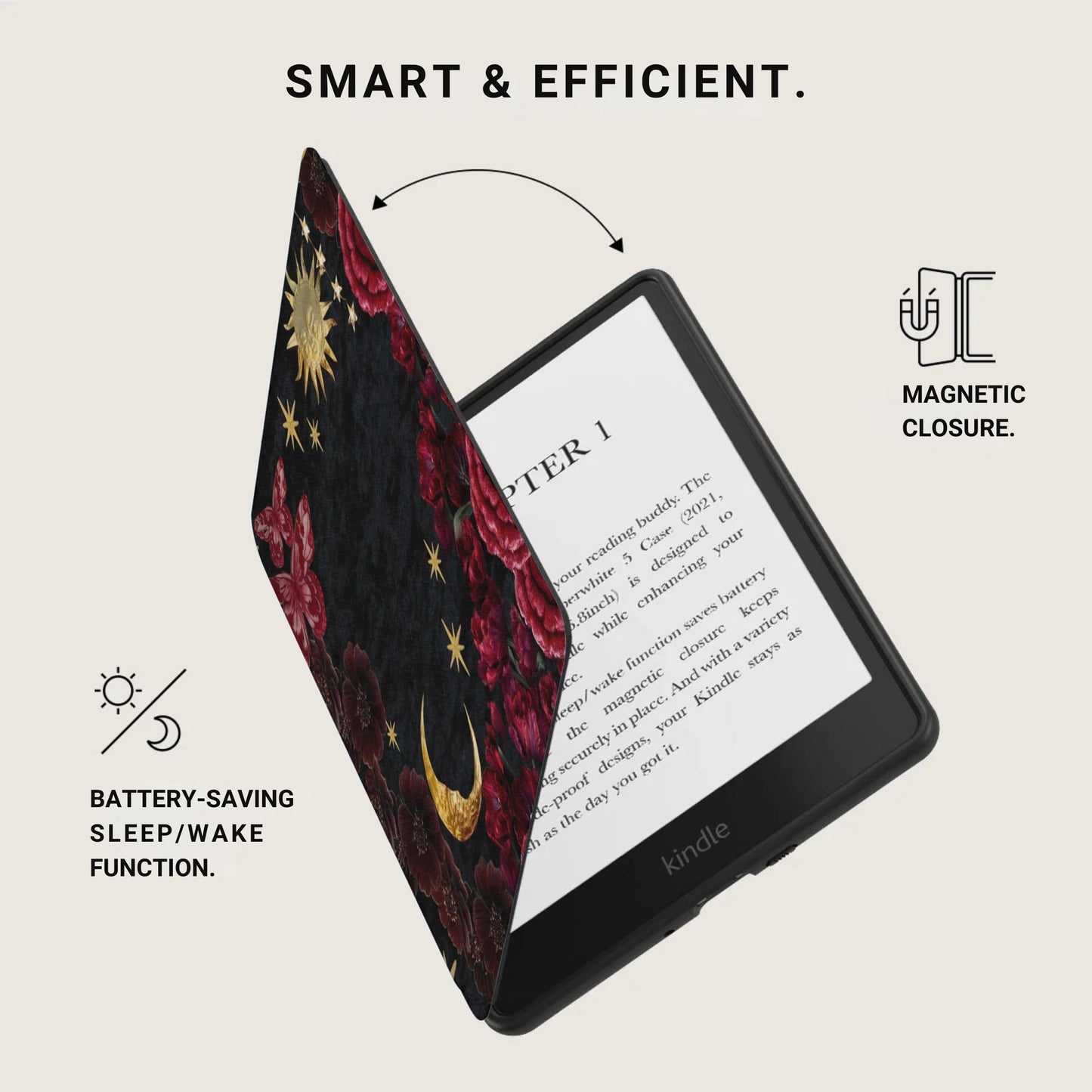 Kindle with a dark floral case featuring sun and moon details, open to show screen.