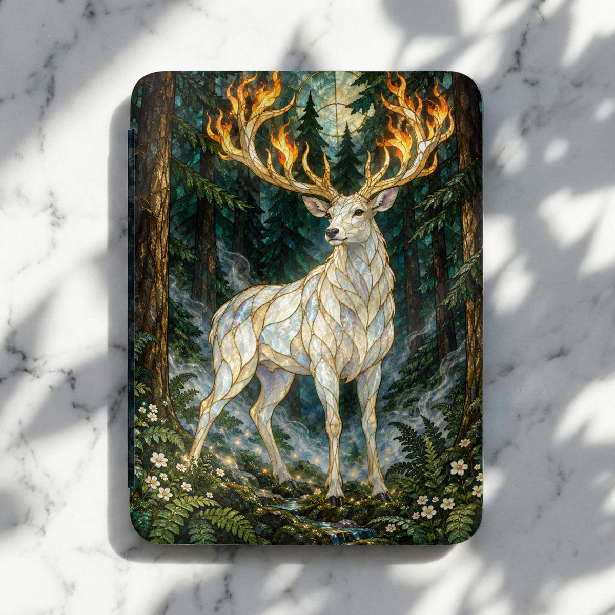 Stained glass white stag with flaming antlers in a mystical forest.