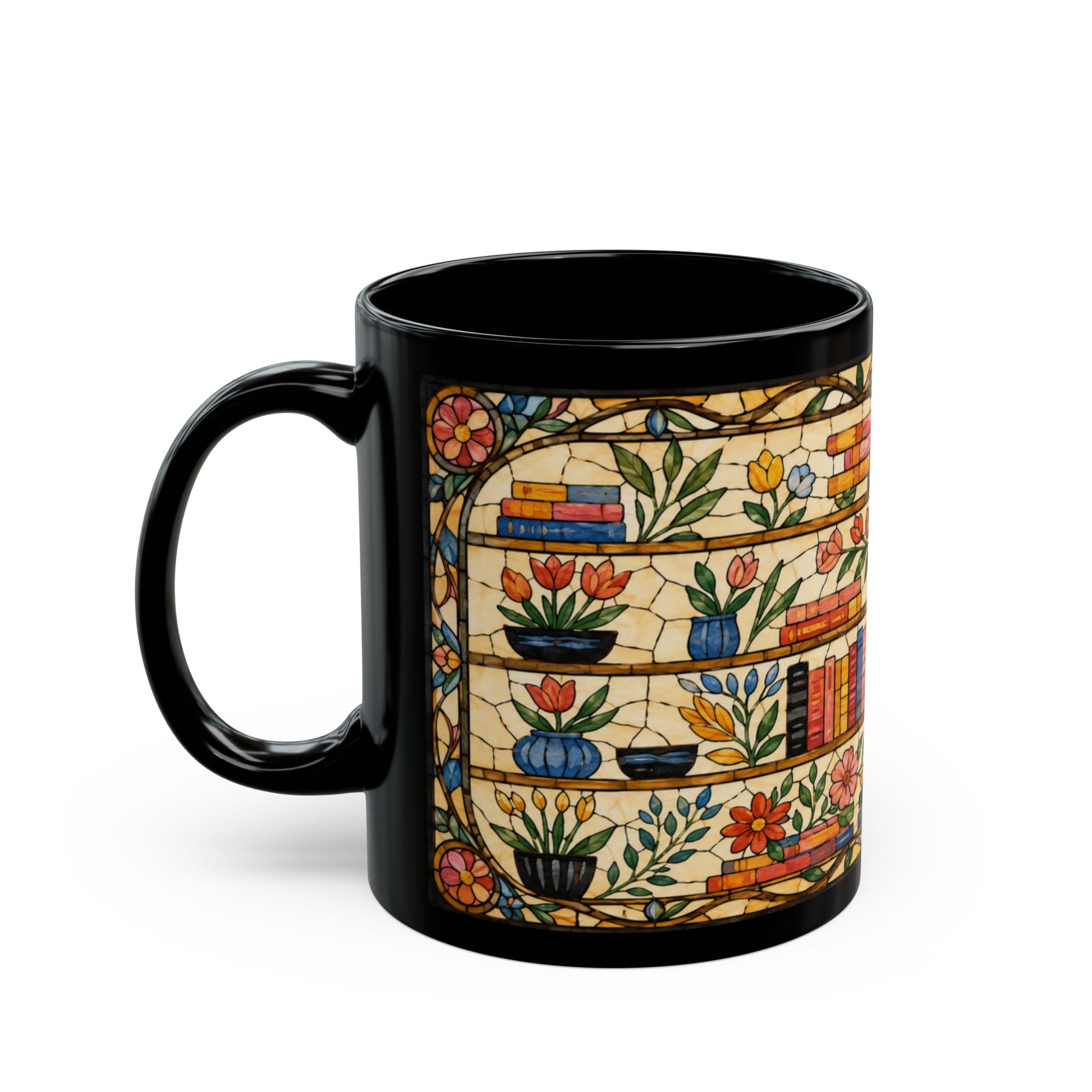 Black mug featuring a stained glass design of bookshelves with books, flowers, and plants.