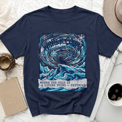 Navy t-shirt with "WINTER COURT" and "WHERE THE COLD IS A LIVING THING - PRYTHIAN" text.