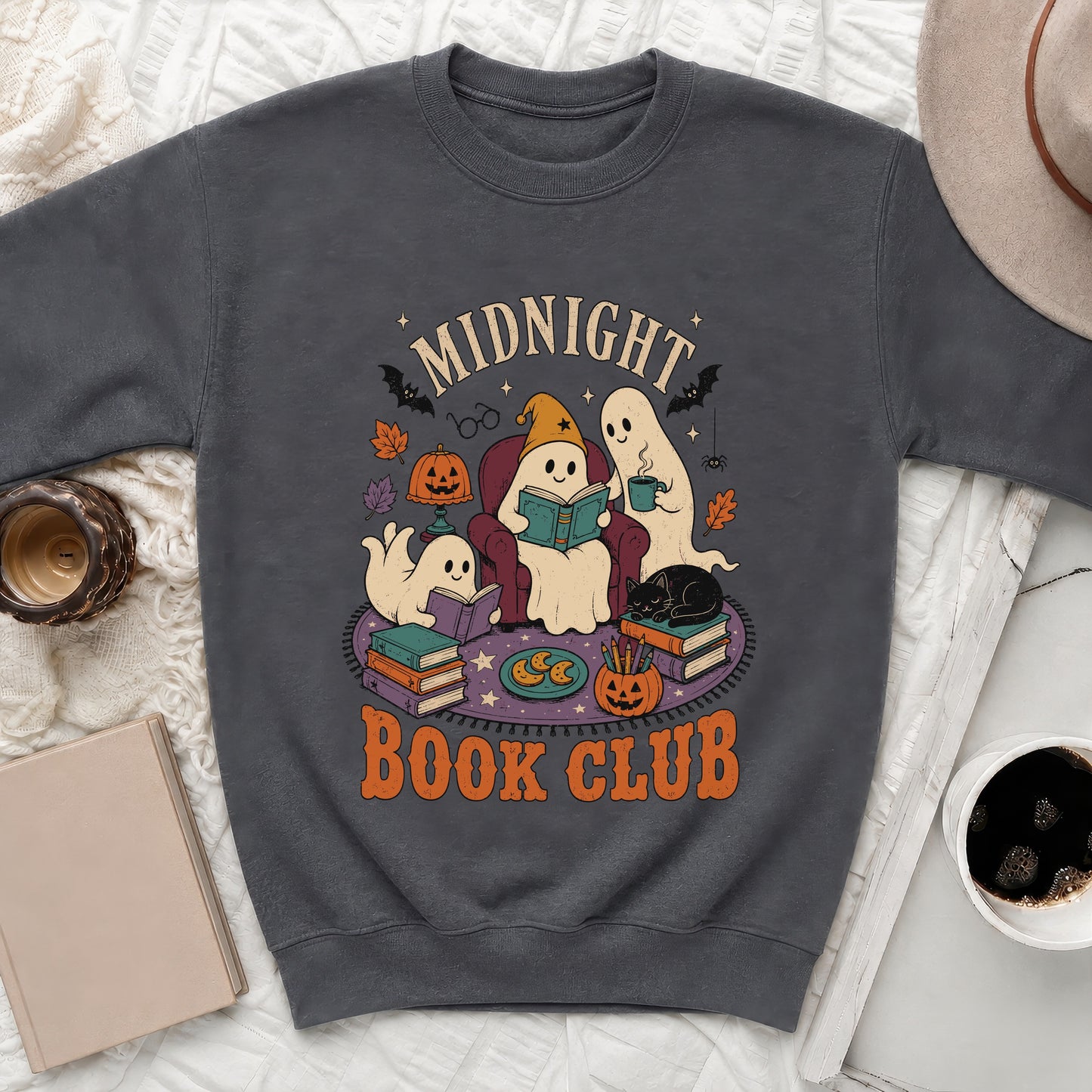 Ghosts reading books with "Midnight Book Club" text in retro font.
