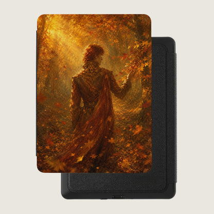 E-reader case with art of a figure in an autumn forest with falling leaves.