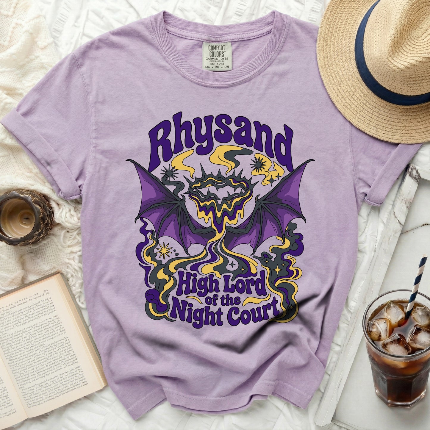 Purple t-shirt with Rhysand High Lord of the Night Court graphic and wings.