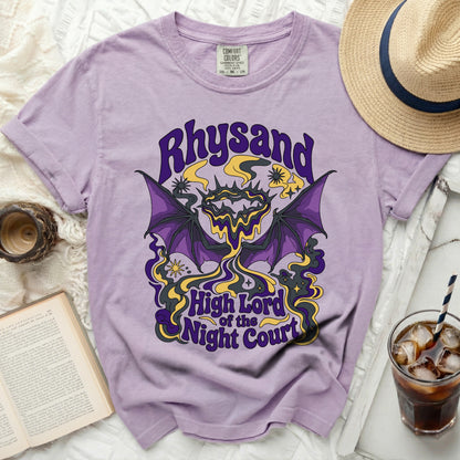 Purple t-shirt with Rhysand High Lord of the Night Court graphic and wings.