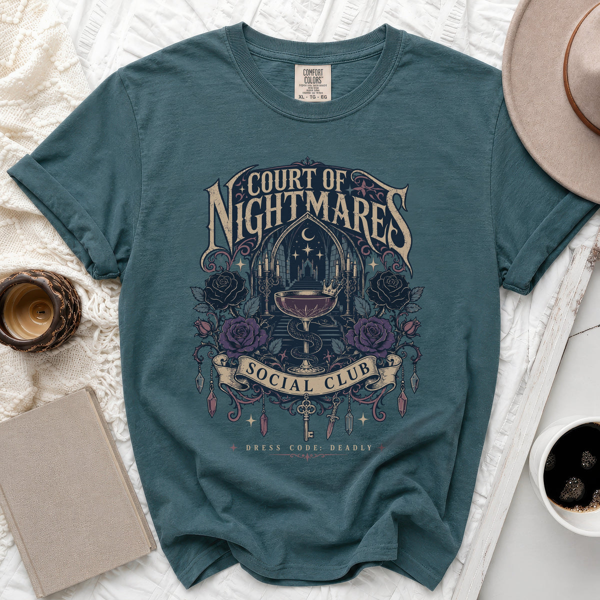 Teal t-shirt with "Court of Nightmares Social Club" gothic design and dress code.