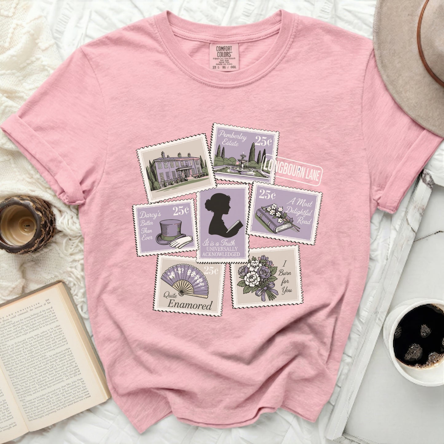 Pink t-shirt with postage stamps: Pemberley, Longbourn Lane, fan, woman's silhouette, flowers.