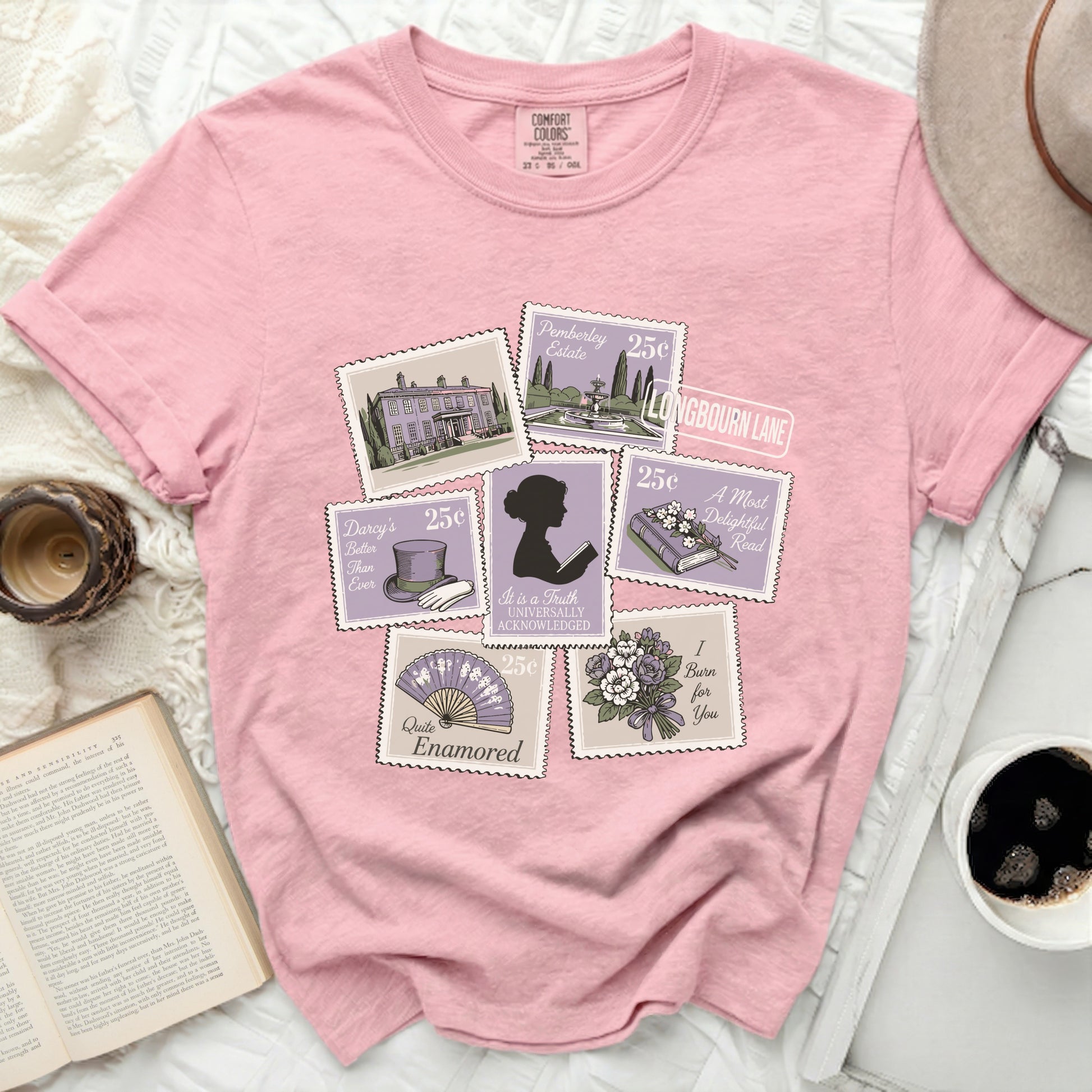Pink t-shirt with postage stamps: Pemberley, Longbourn Lane, fan, woman's silhouette, flowers.