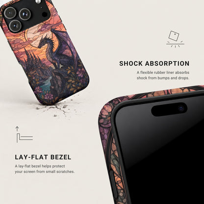A stained-glass dragon phone case with shock absorption and lay-flat bezel features highlighted.