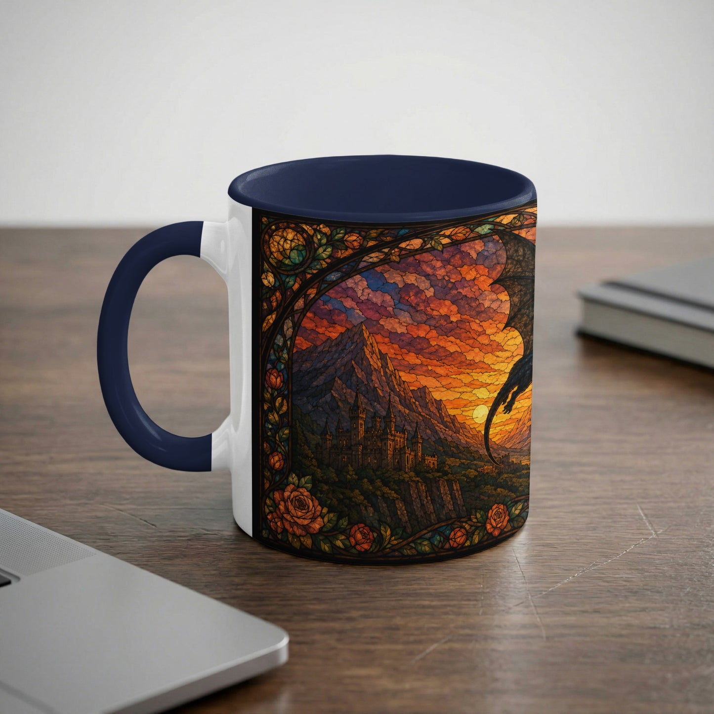 Mug with stained glass art of a dragon flying over a castle at sunset.