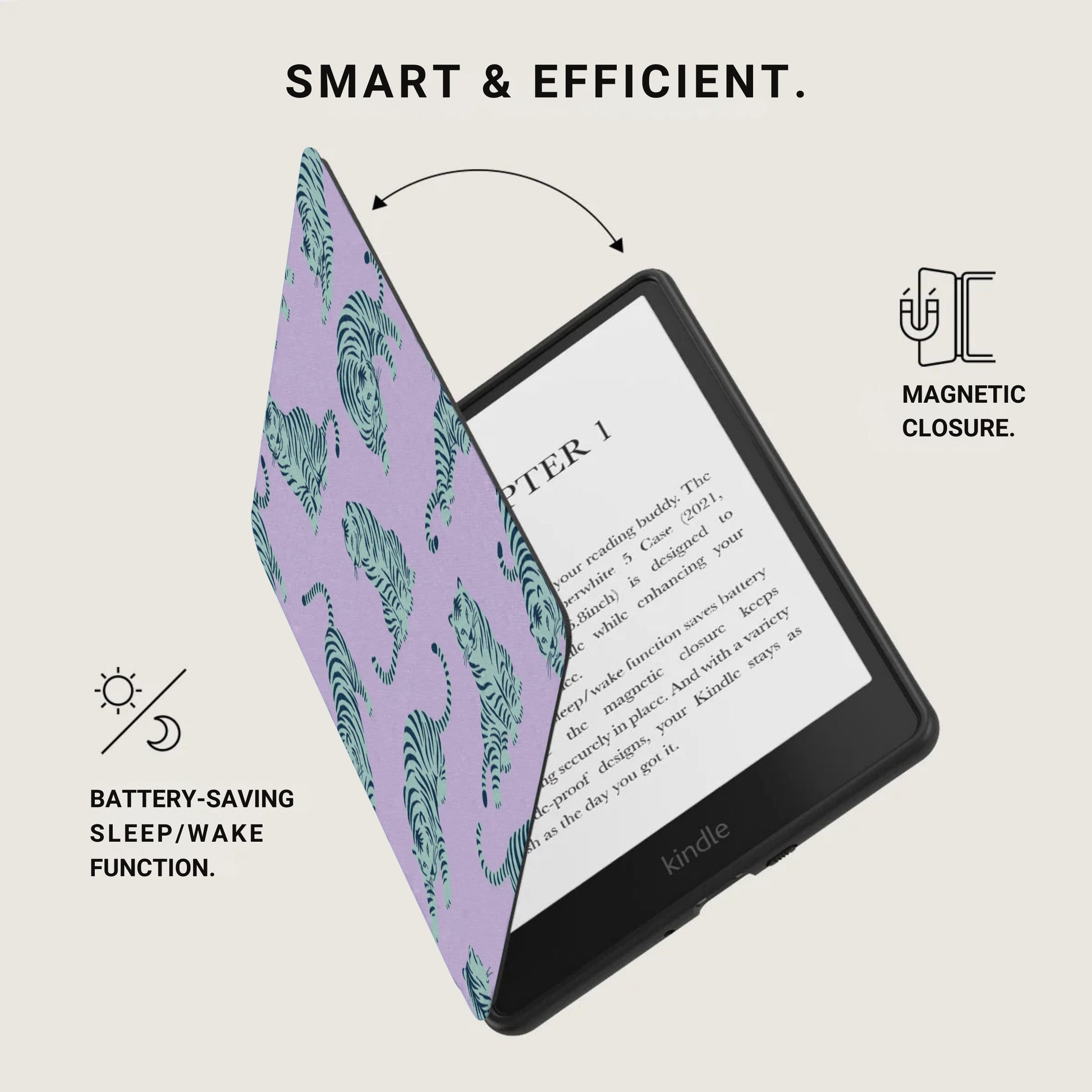 Kindle e-reader with purple tiger print cover opening, showing magnetic closure.