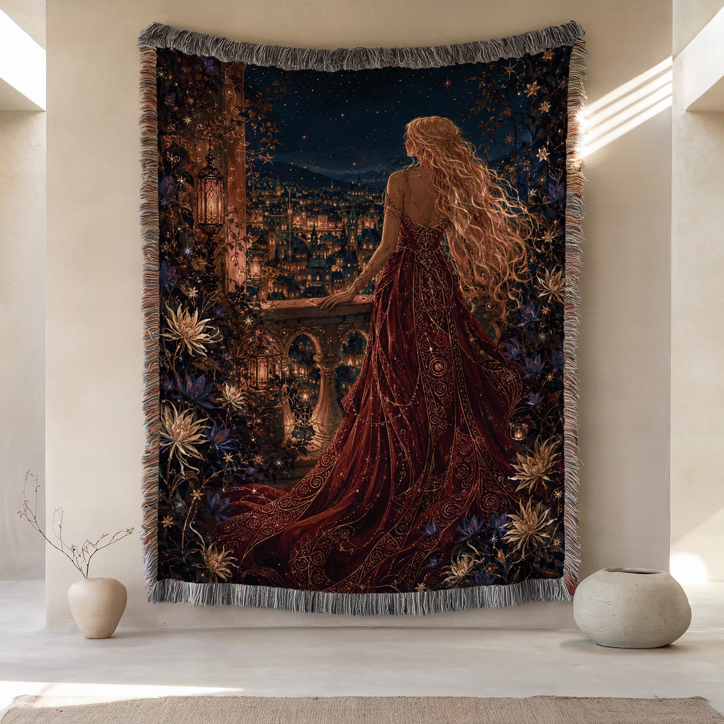 a large tapestry hanging on a wall, depicting a woman in a long red dress standing in front of a cityscape at night. The tapestry is adorned with flowers and other decorative elements, creating a visually striking and artistic scene.
