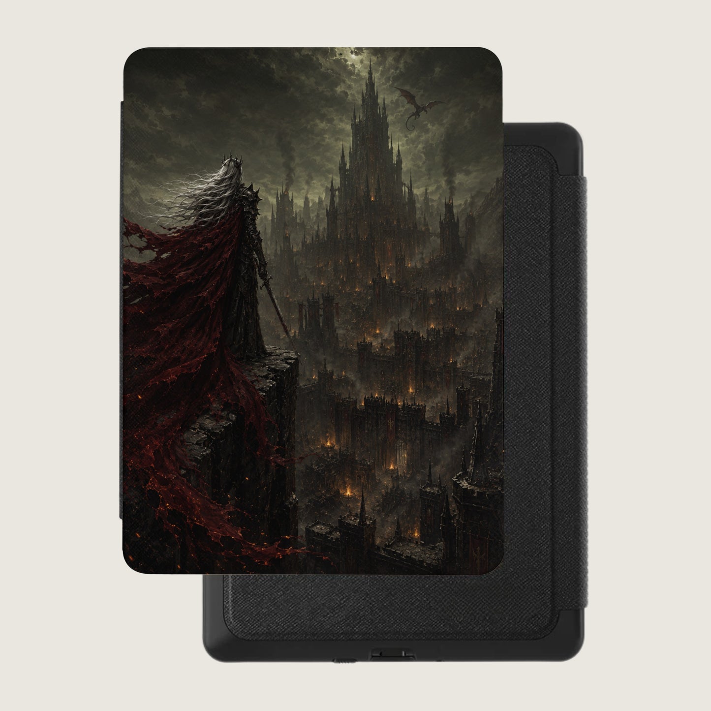 Dark fantasy castle with figure and dragon, on a dark case.