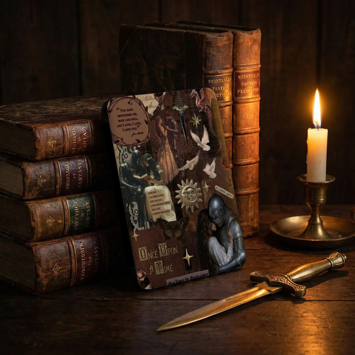 Collage of fantasy elements, knights, and text "Once Upon A Time" on a notebook.