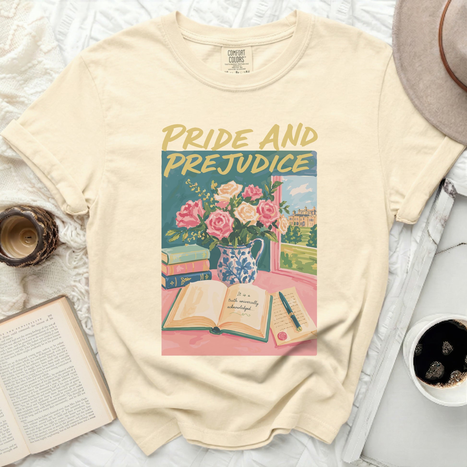 Pride and Prejudice t-shirt with floral design and open book.