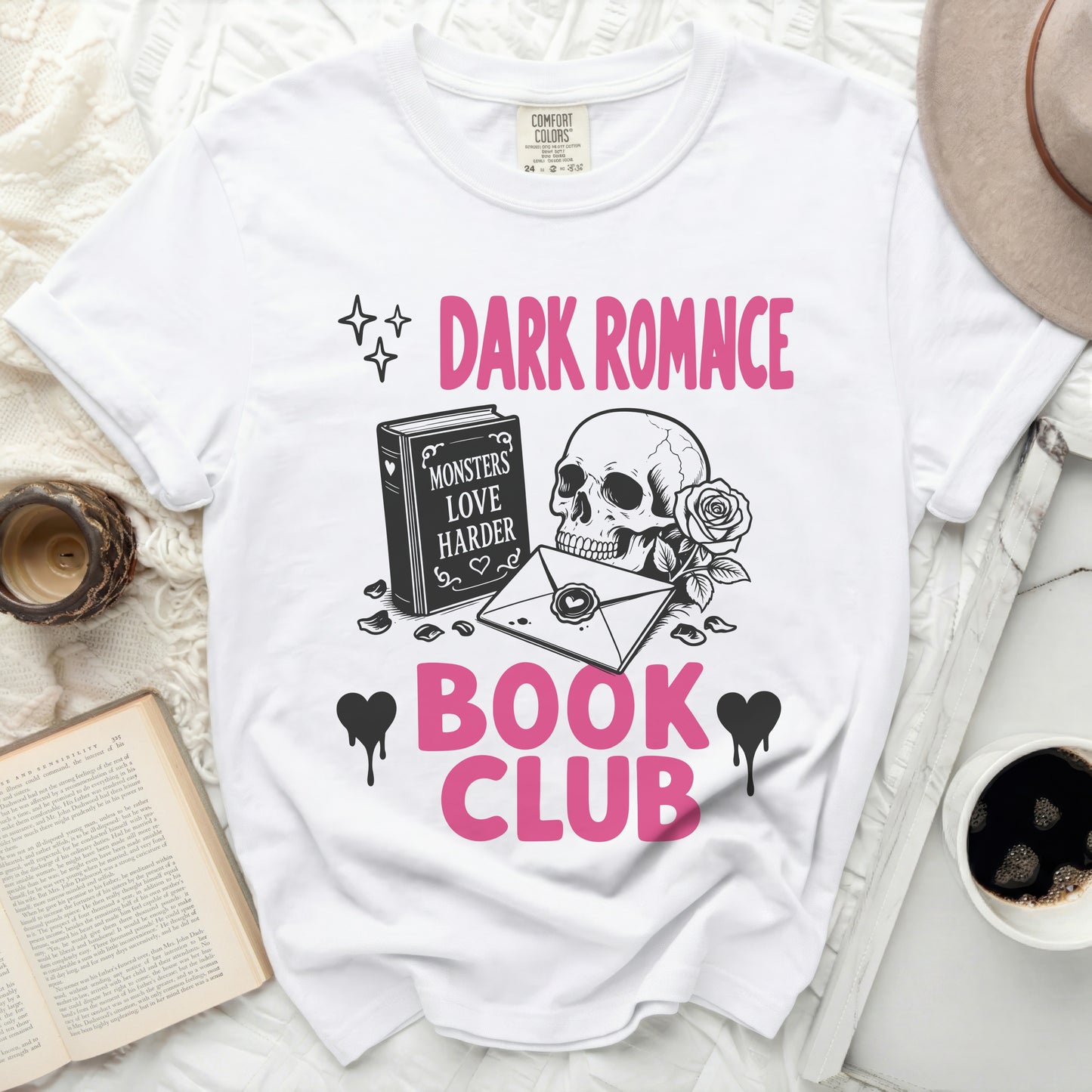 Dark Romance Book Club graphic with skull, books, envelope, and rose.