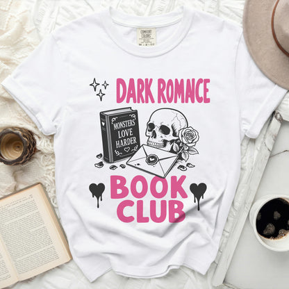 Dark Romance Book Club graphic with skull, books, envelope, and rose.