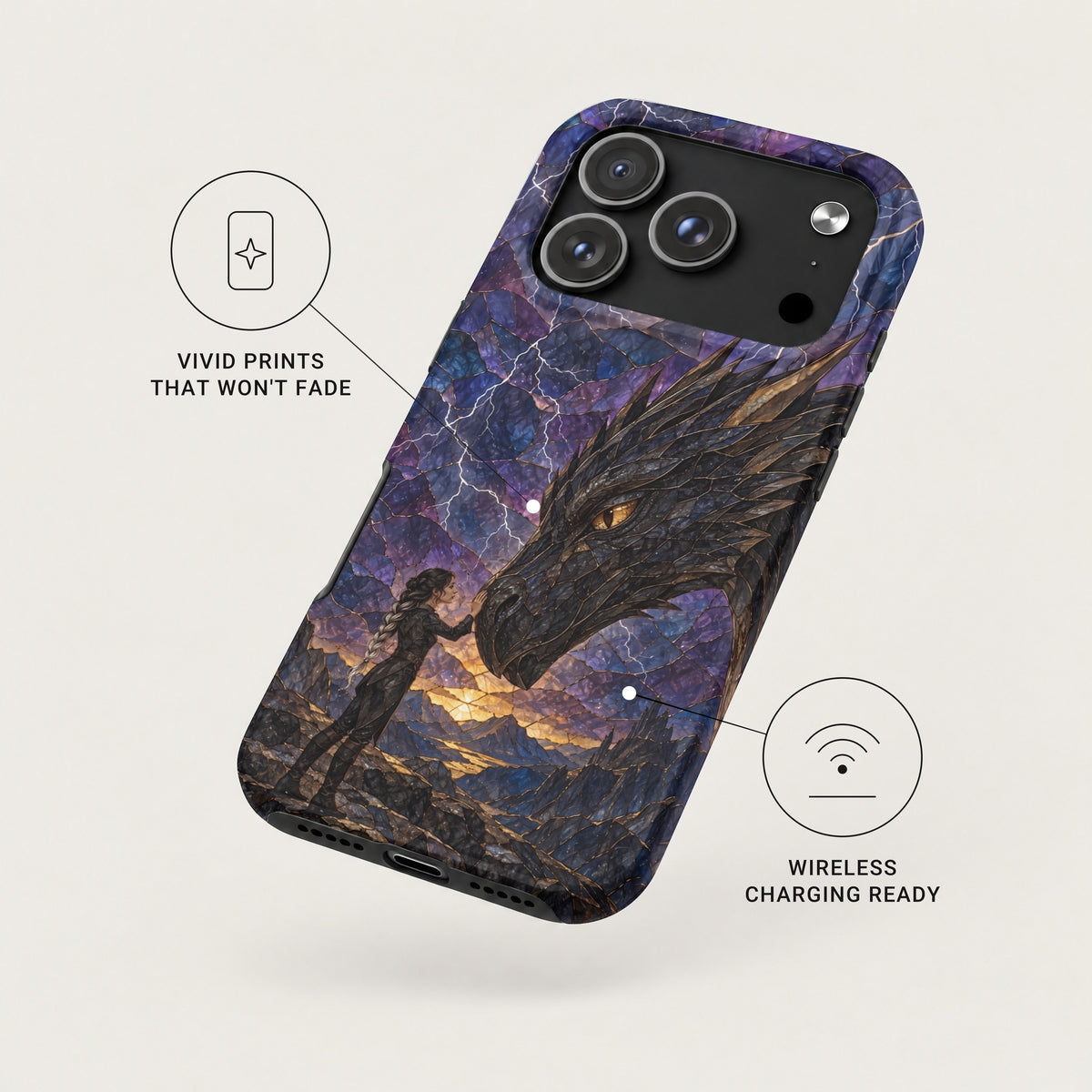 An iPhone case featuring a dragon and a woman, with callouts for vivid prints and wireless charging.