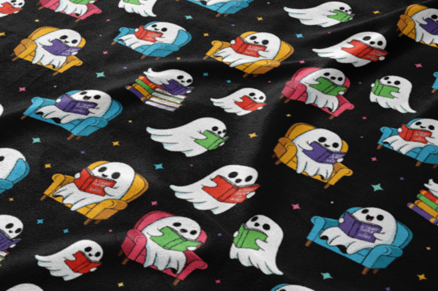 Colorful Ghosts Reading on Chairs Halloween Blanket
