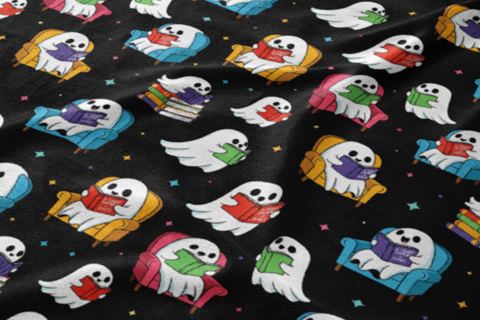 Colorful Ghosts Reading on Chairs Halloween Blanket