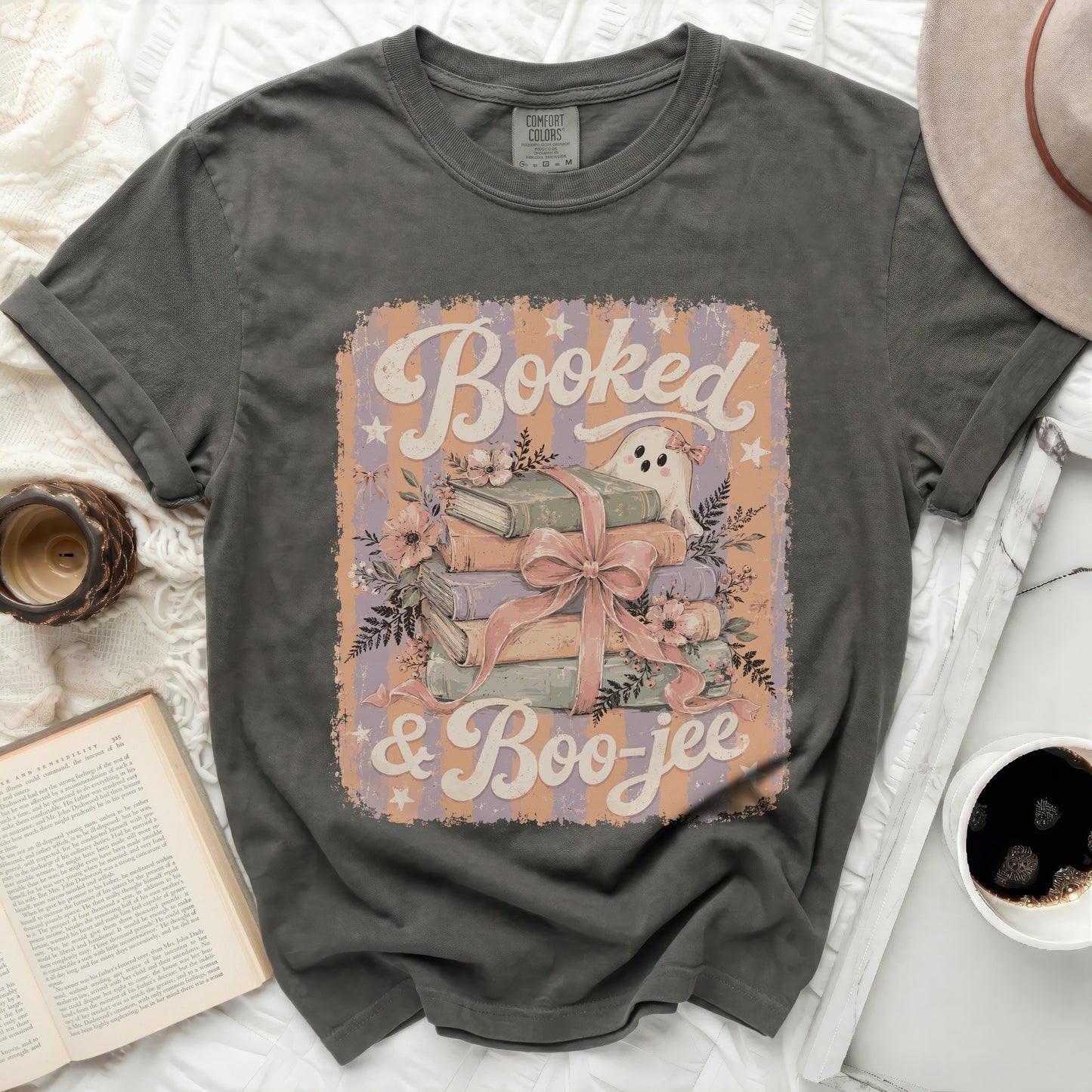 Dark grey t-shirt with "Booked & Boo-jee" graphic of books, ghost, and flowers.