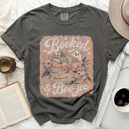 Dark grey t-shirt with "Booked & Boo-jee" graphic of books, ghost, and flowers.