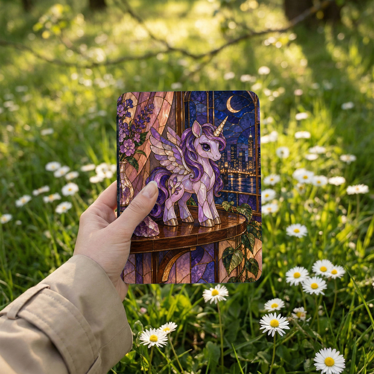 Stained glass unicorn with wings against a city nightscape with a crescent moon.