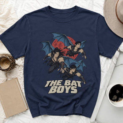 Navy t-shirt with "The Bat Boys" text and three winged figures.