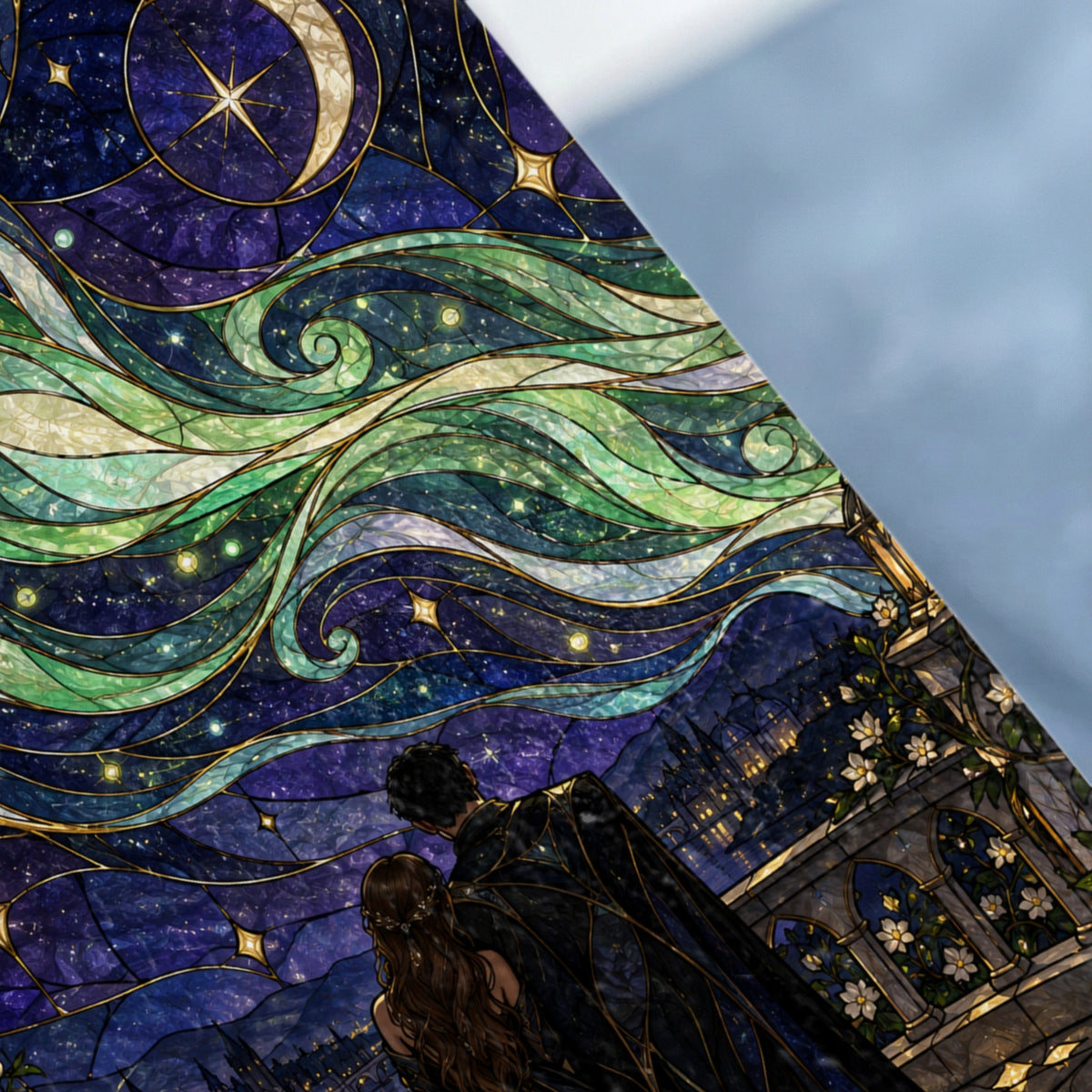 Couple watching a starry sky with a crescent moon above a castle.