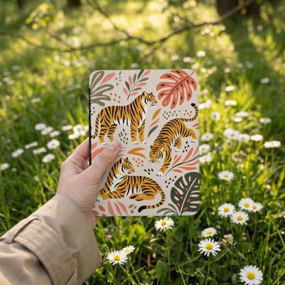 Hand holding a device with three stylized tigers and tropical leaves pattern.