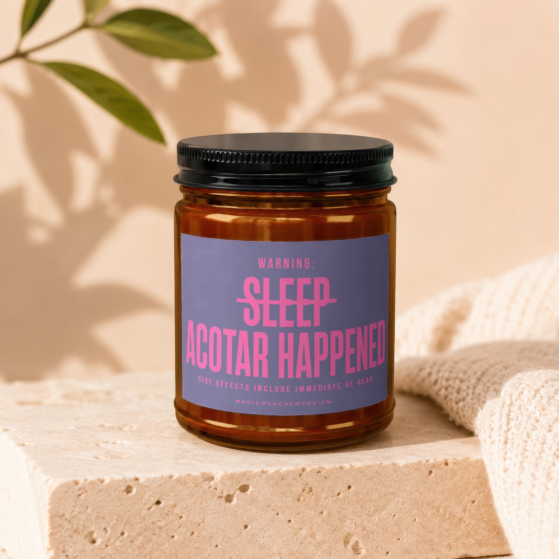 Amber glass jar with purple label reading "WARNING: SLEEP ACOTAR HAPPENED"